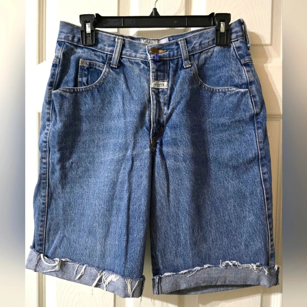Vintage 90s Marithe Francois Girbaud Femme Stonewash Denim Long Cut-Off Shorts.